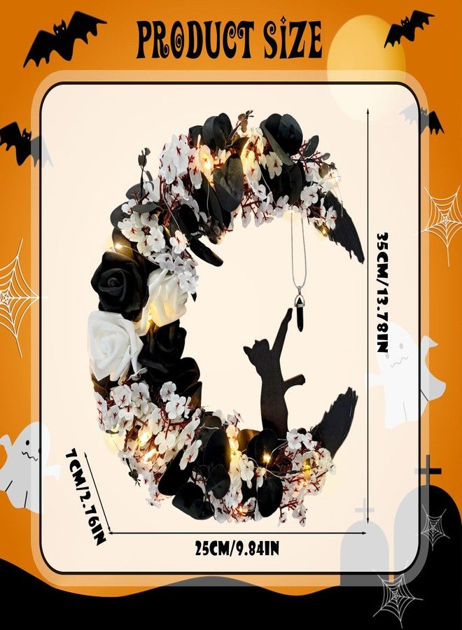 FSSODWT Halloween Wreaths For Front Door, Flower Moon Cat Halloween Home Decoration, Halloween Family Gathering Decoration Wreath，Outdoor, Wall, Closet, Fence, Wreath Halloween (Moon Cat - White13.7in×9.8in) - Image 2